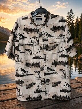 Chaps Men's XL Fish Print Button Up Shirt Short Sleeve Cotton Casual Fishing